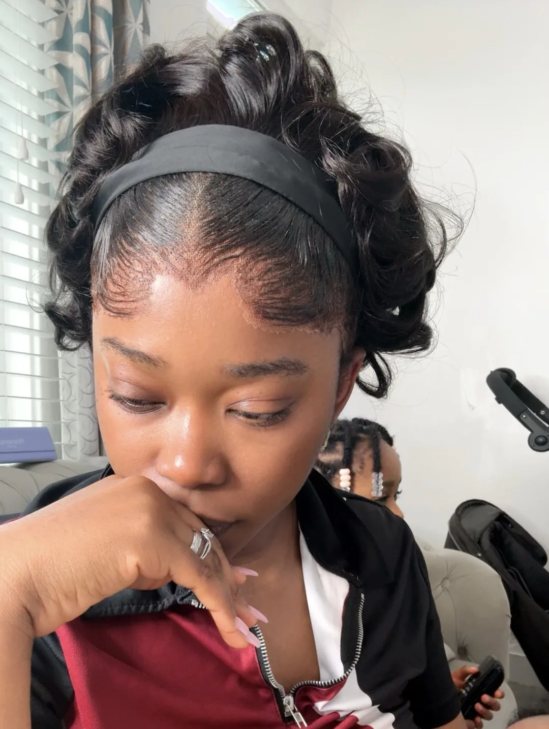 Human hair bouncy headband wig with frontal